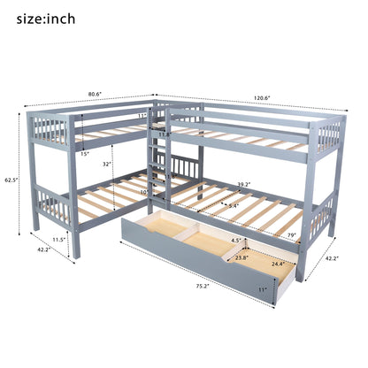 Gray Twin Size L Shaped Double Bunk Bed with Drawer