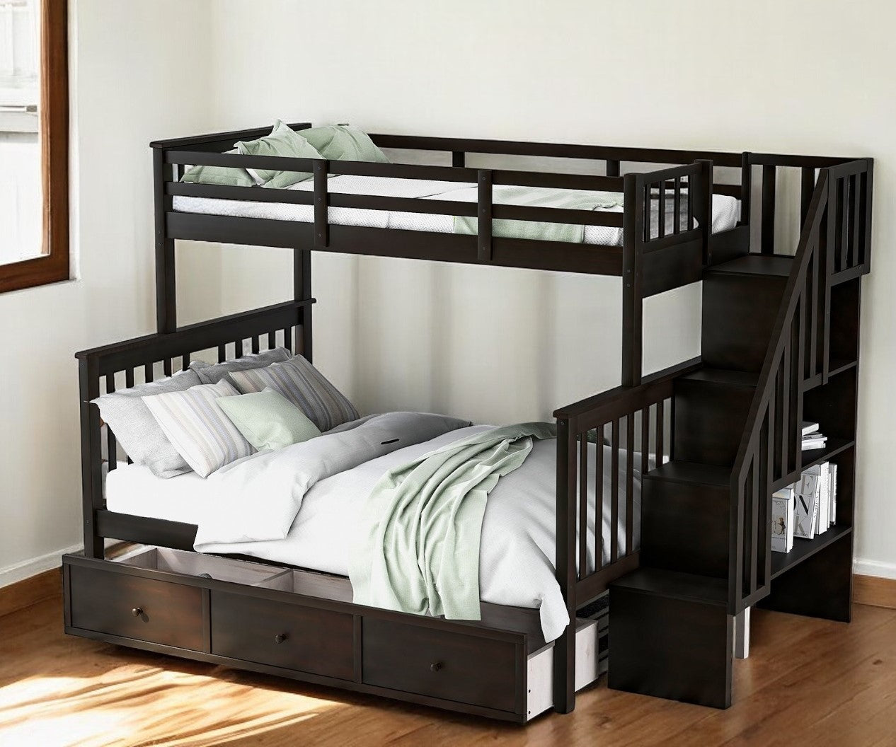 Espresso Twin Over Full Contemporary Bunk Bed With Stairs And Shelves