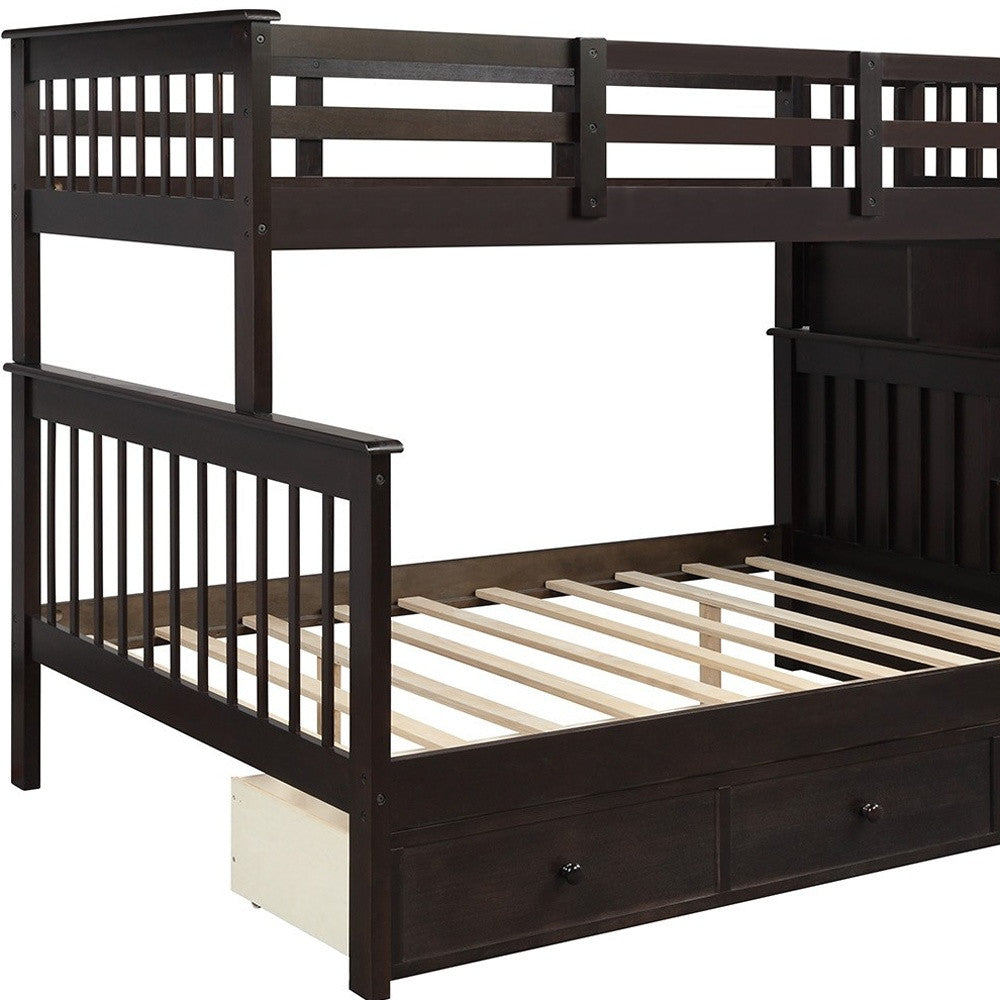 Espresso Twin Over Full Contemporary Bunk Bed With Stairs And Shelves