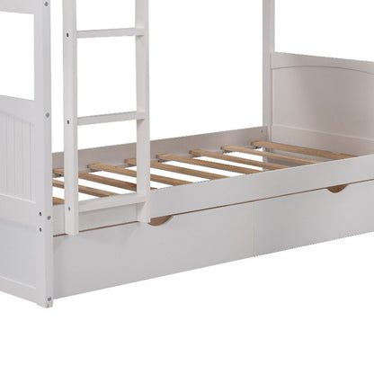 White Twin Size Bunk Bed with attached Loft Bed and Drawers