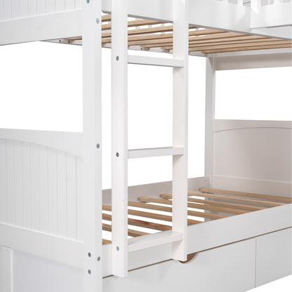 White Twin Size Bunk Bed with attached Loft Bed and Drawers