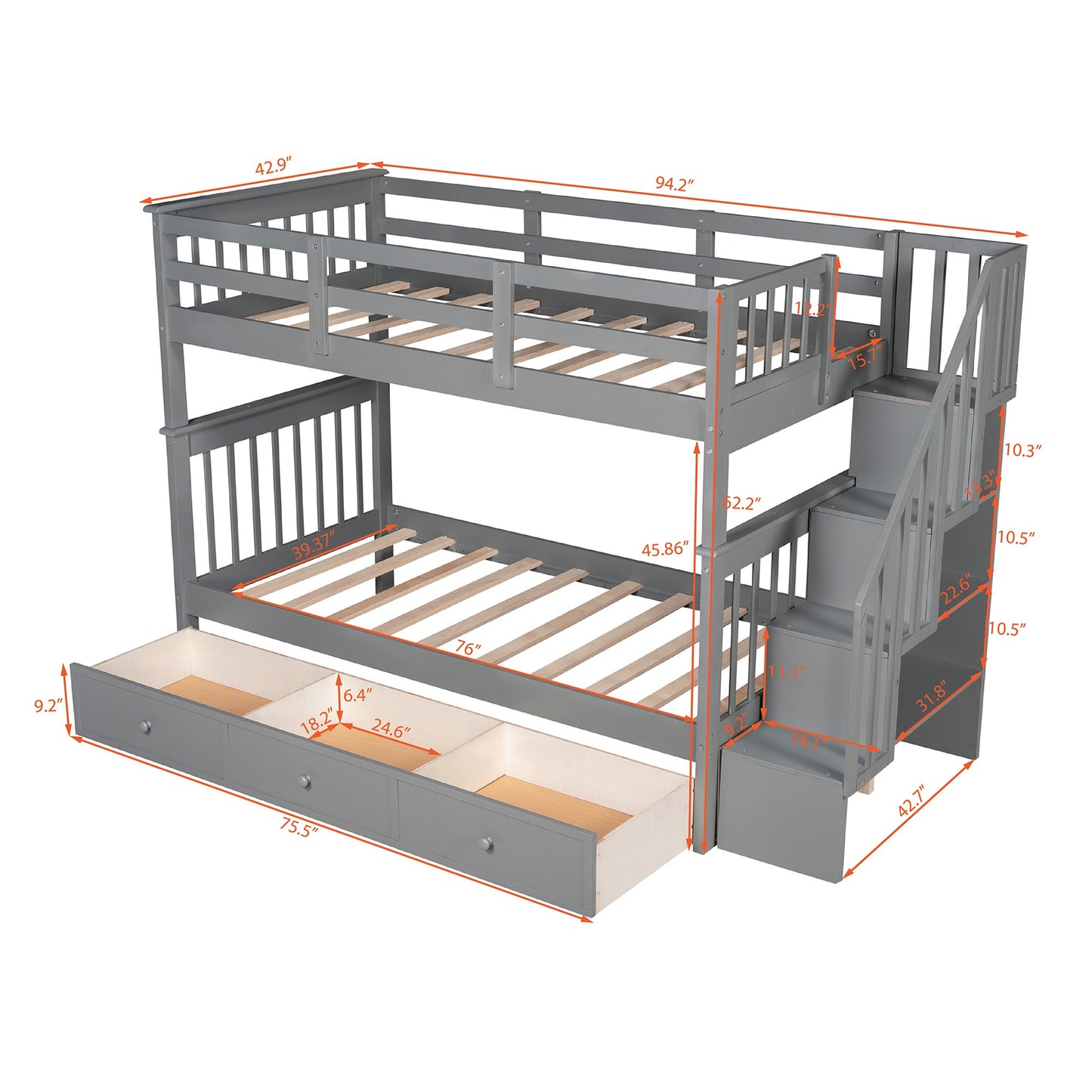 Gray Twin Over Twin Bunk Bed with Stairway and Drawers