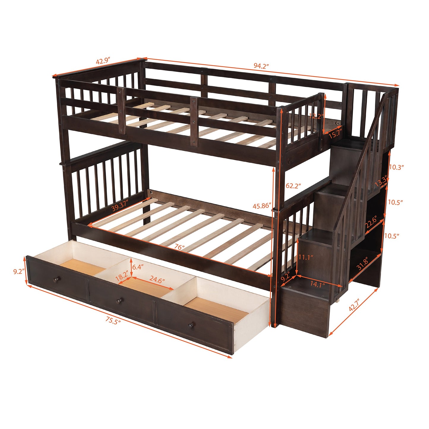 Espresso Twin Over Twin Bunk Bed with Stairway and Drawers