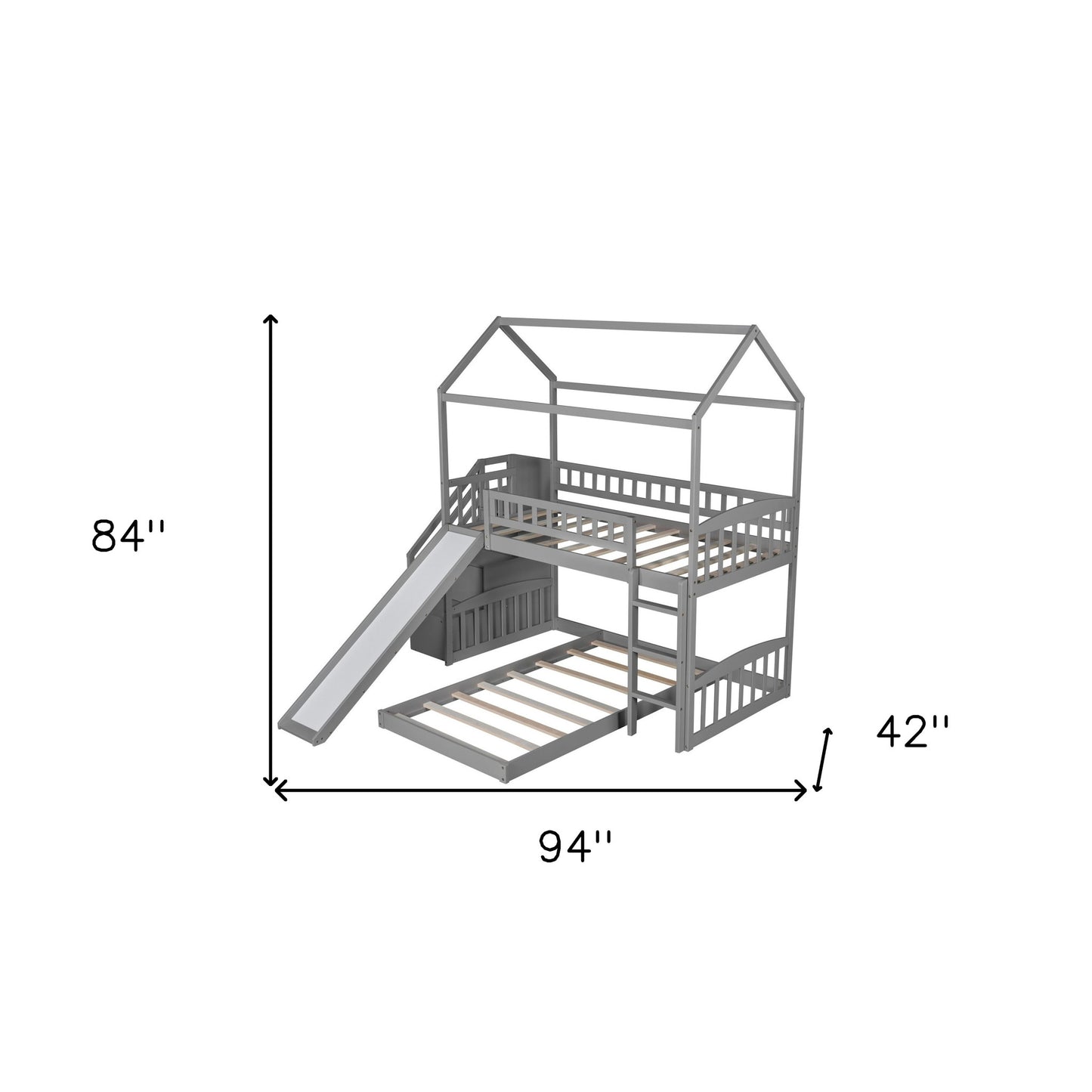 Gray Twin Over Twin PlayHouse Perpendicular Bunk Bed with Slide