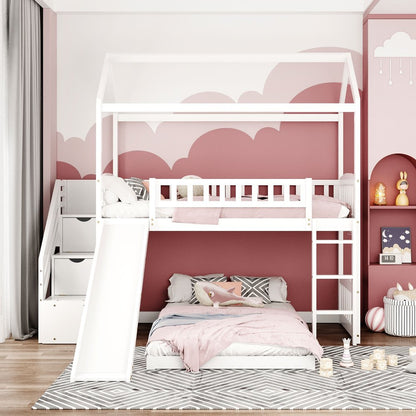 White Twin Over Twin PlayHouse Perpendicular Bunk Bed with Slide