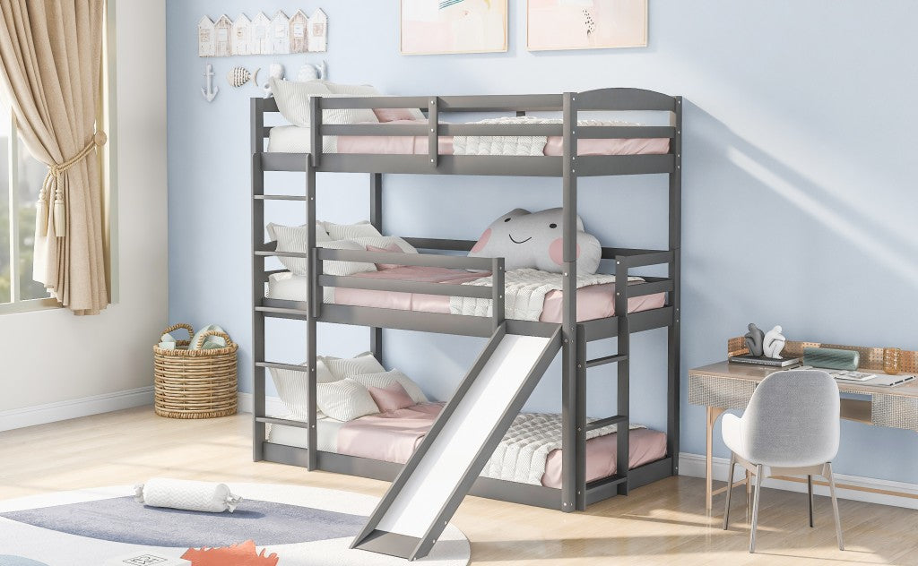 Gray Triple Bunk Twin Sized Bed with Slide