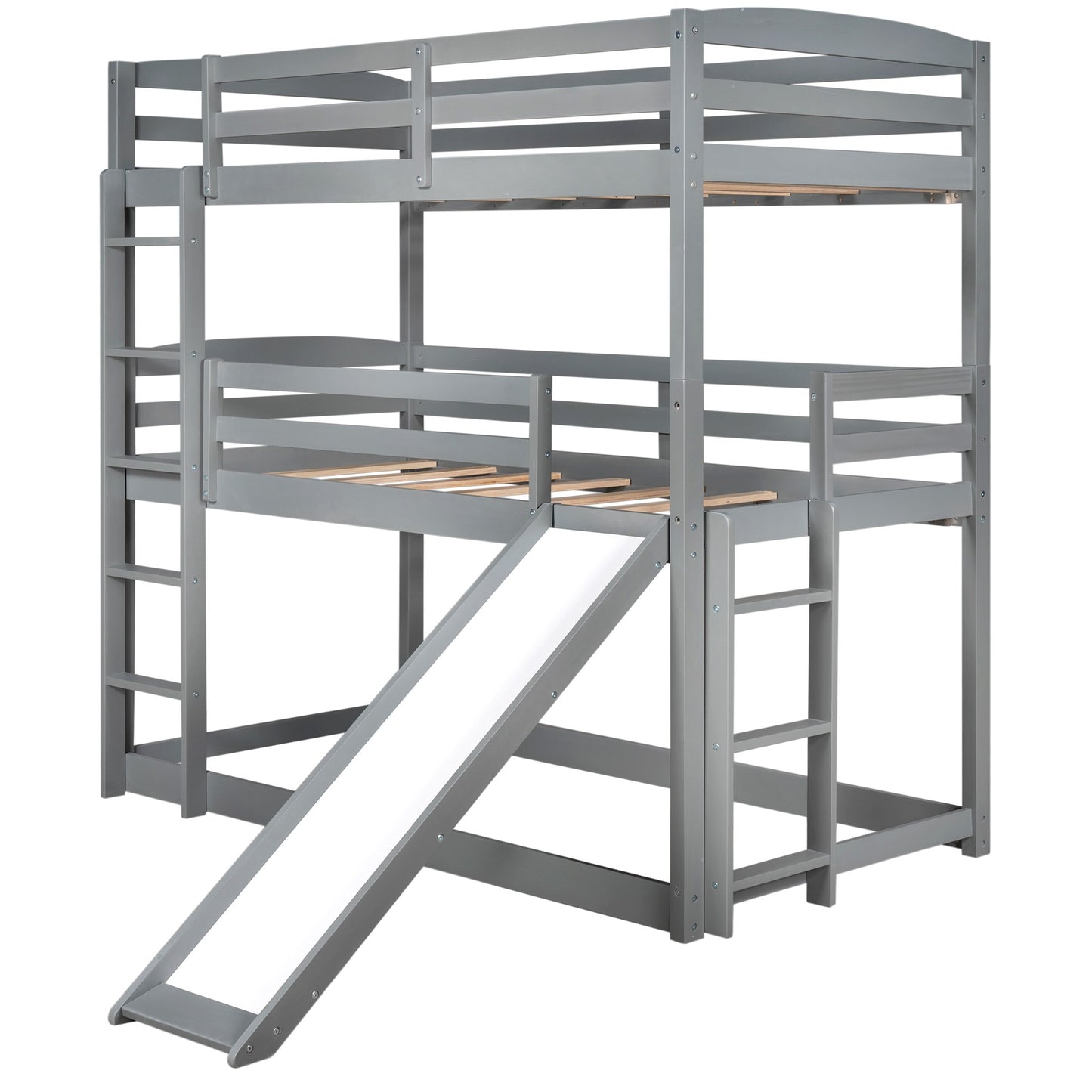 Gray Triple Bunk Twin Sized Bed with Slide