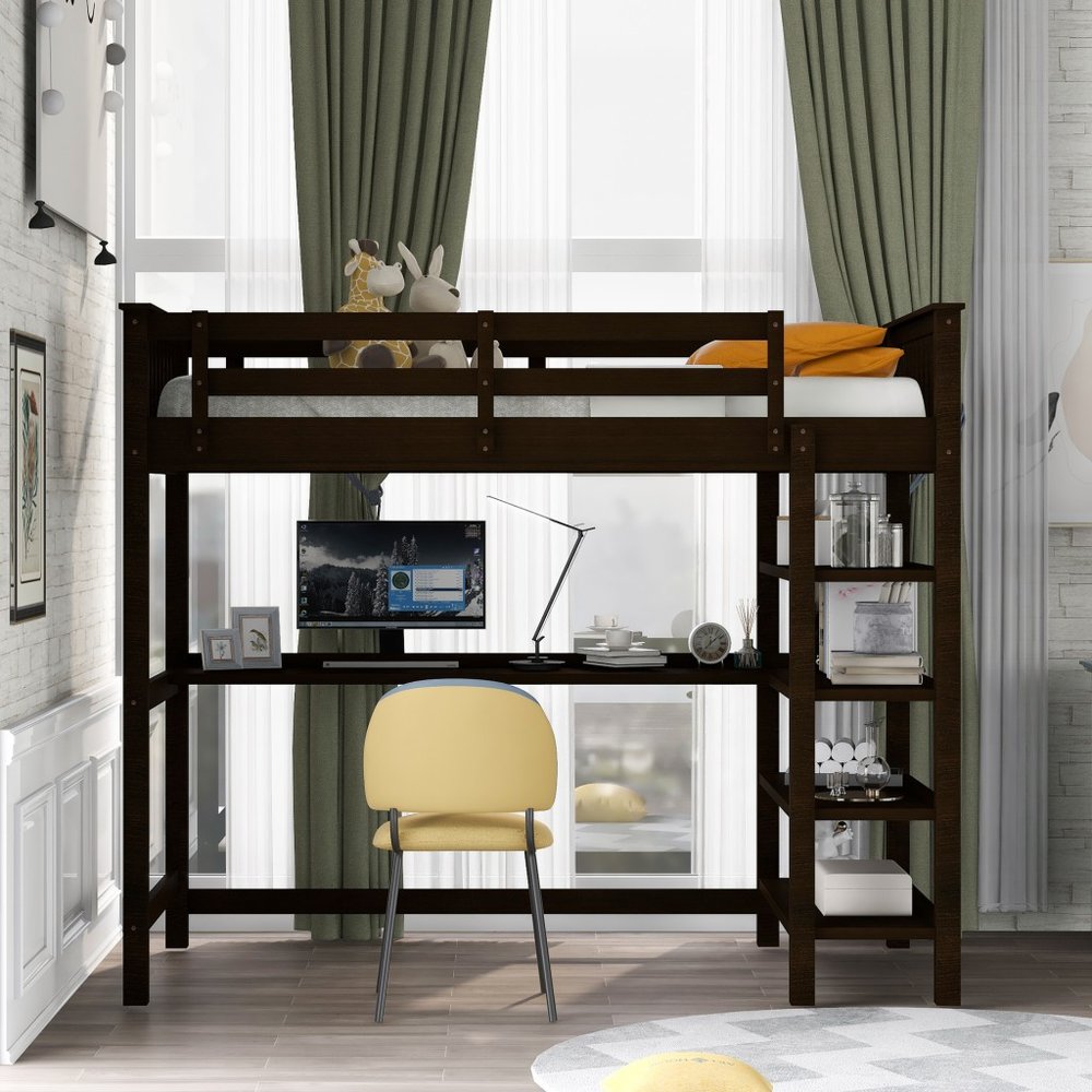 Espresso Twin Size Wood Loft Bed with Storage Shelves and Desk