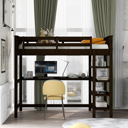 Espresso Twin Size Wood Loft Bed with Storage Shelves and Desk