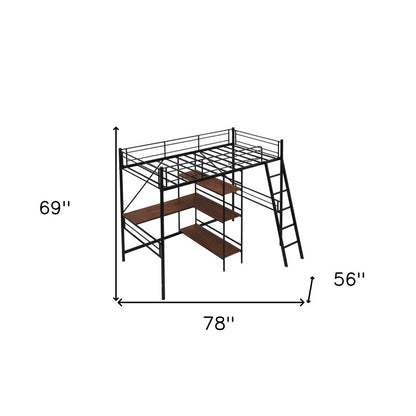 Black Twin Size Metal Loft Bed With Desk and Shelves