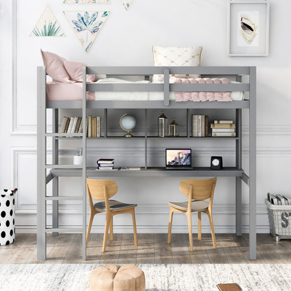 Gray Twin Loft Bed With Desk and Shelves