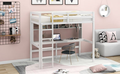 Minimalist White Twin Size Loft Bed with Built In Desk and Shelf