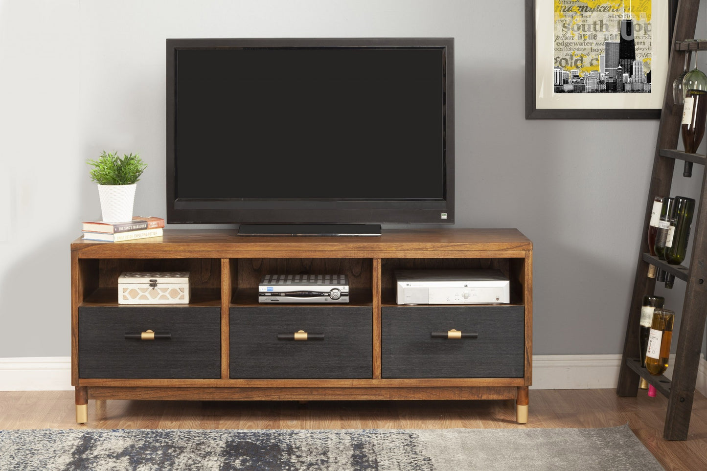 61" Brown and Black Solid Wood Open Shelving TV Stand