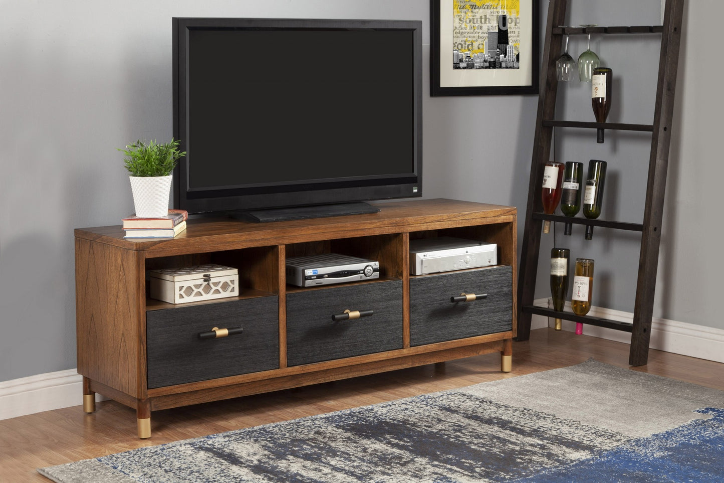 61" Brown and Black Solid Wood Open Shelving TV Stand