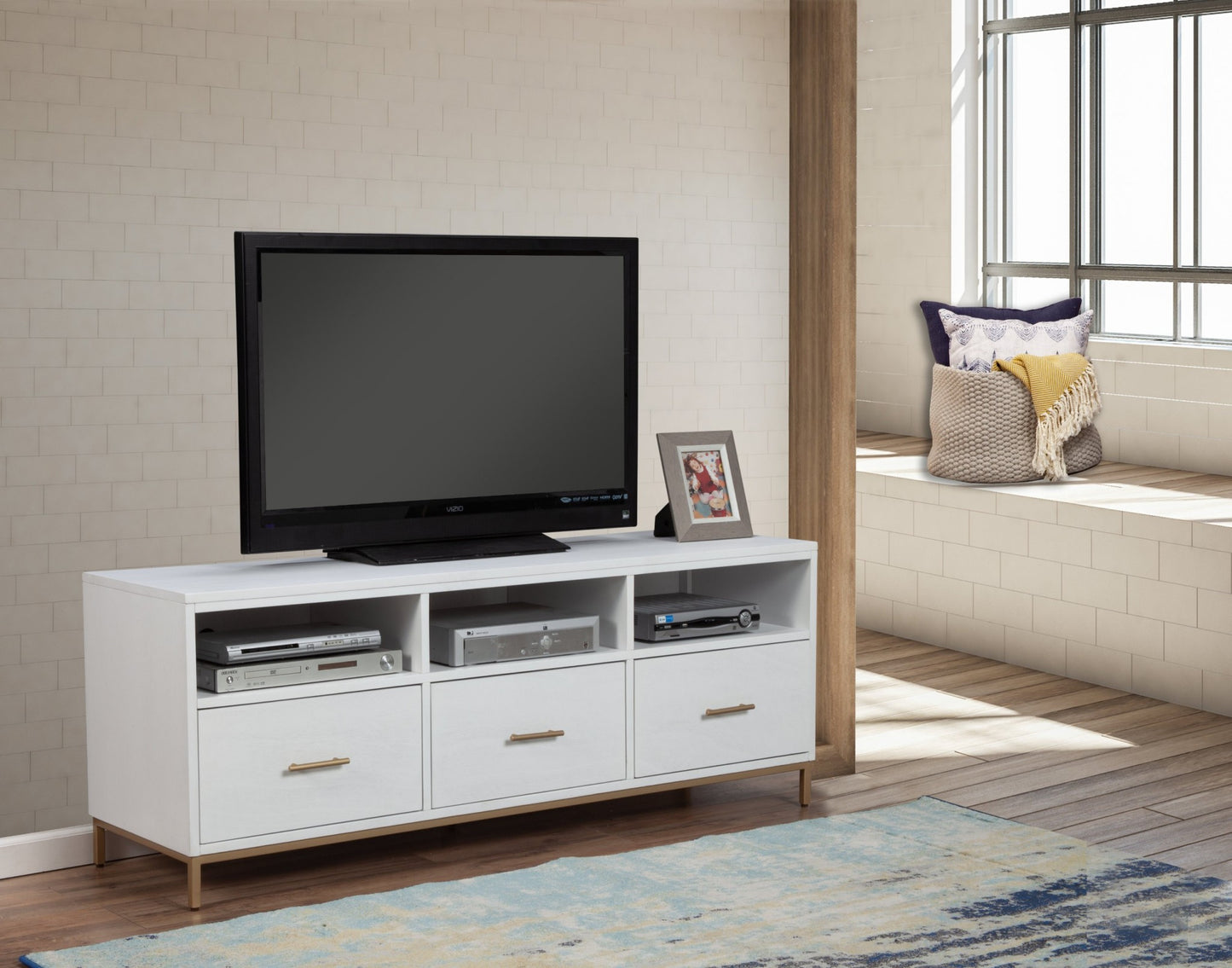 64" White Mahogany Solid Wood Open Shelving TV Stand