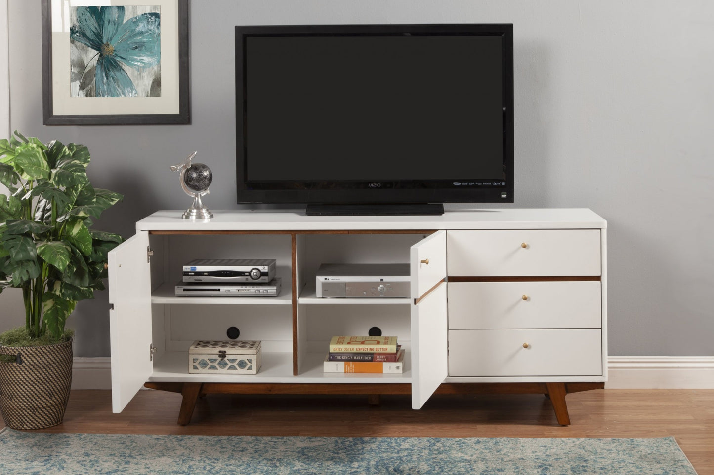 65" White Mahogany Solids And Veneer Cabinet Enclosed Storage TV Stand