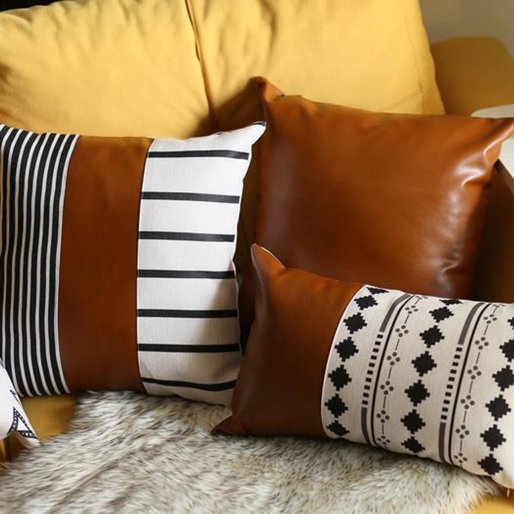 24" X 24" Brown Solid Color Handmade Faux Leather Throw Pillow Cover