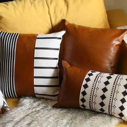 24" X 24" Brown Solid Color Handmade Faux Leather Throw Pillow Cover