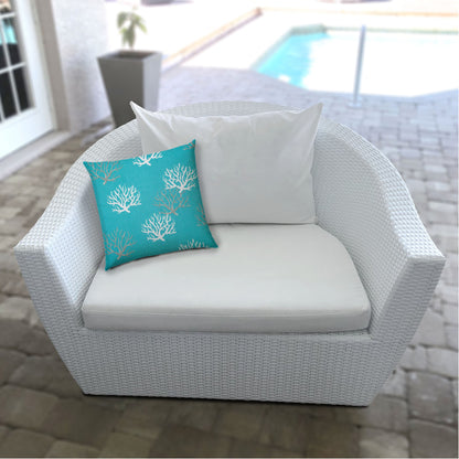 14" X 20" Aqua And White Corals Blown Seam Coastal Lumbar Indoor Outdoor Pillow