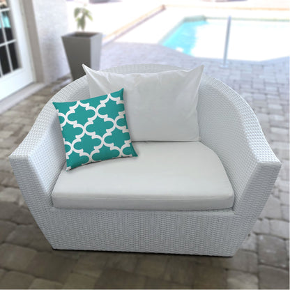 14" X 20" Turquoise And White Blown Seam Quatrefoil Lumbar Indoor Outdoor Pillow