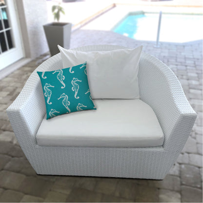 14" X 20" Turquoise And White Seahorse Blown Seam Lumbar Indoor Outdoor Pillow