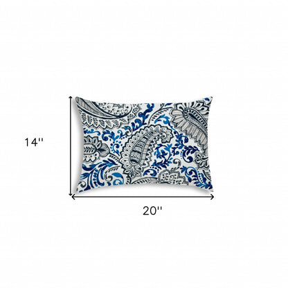 14" X 20" White And Blue Blown Seam Paisley Lumbar Indoor Outdoor Pillow