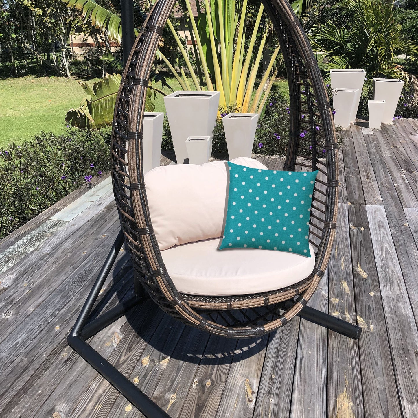 14" X 20" Turquoise Blown Seam Polka Dots Lumbar Indoor Outdoor Pillow