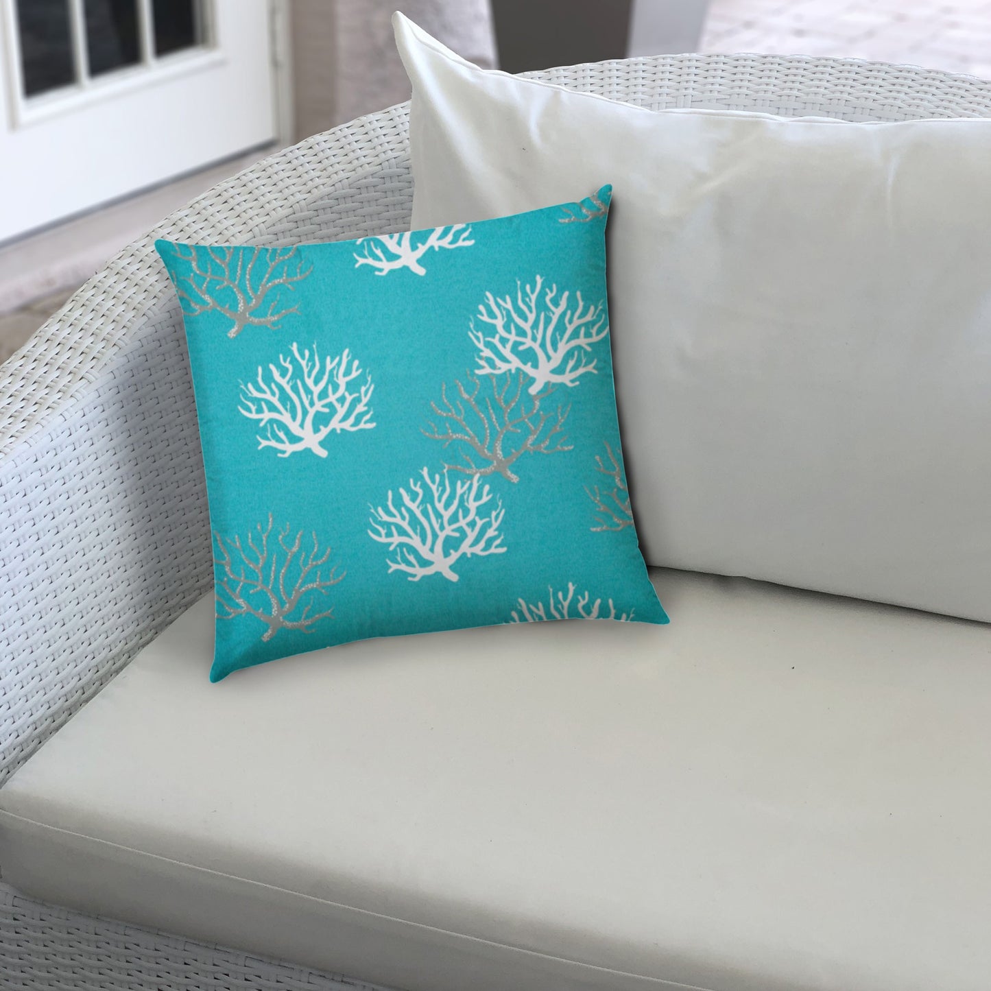 17" X 17" Aqua And White Corals Blown Seam Coastal Lumbar Indoor Outdoor Pillow