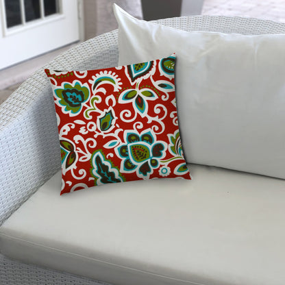 17" X 17" Read And Green Blown Seam Floral Lumbar Indoor Outdoor Pillow