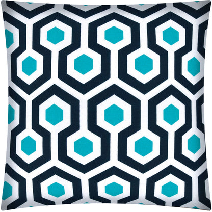 17" X 17" White And Aqua Blown Seam Geometric Lumbar Indoor Outdoor Pillow