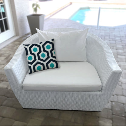 17" X 17" White And Aqua Blown Seam Geometric Lumbar Indoor Outdoor Pillow