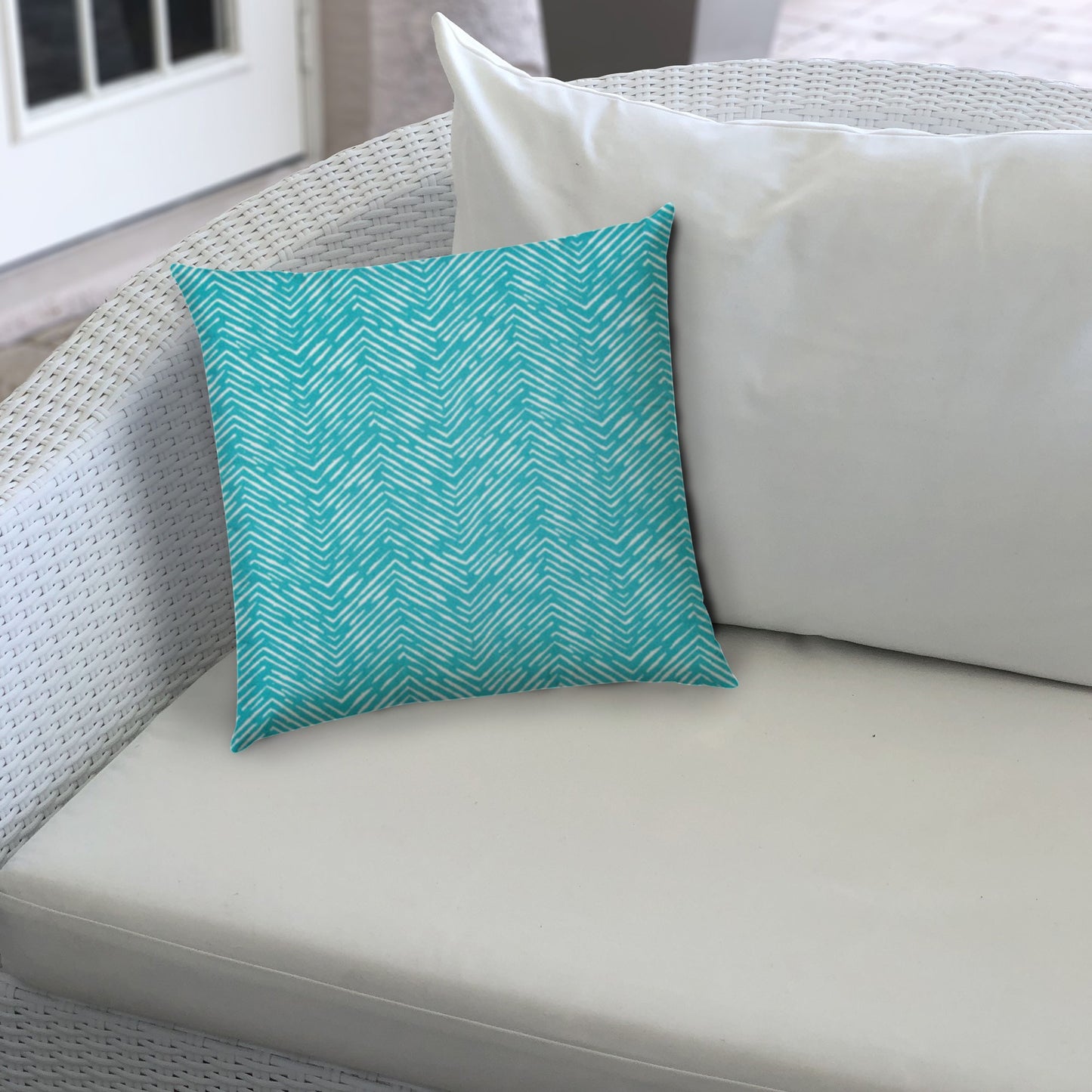 17" X 17" Turquoise And White Blown Seam Zigzag Lumbar Indoor Outdoor Pillow