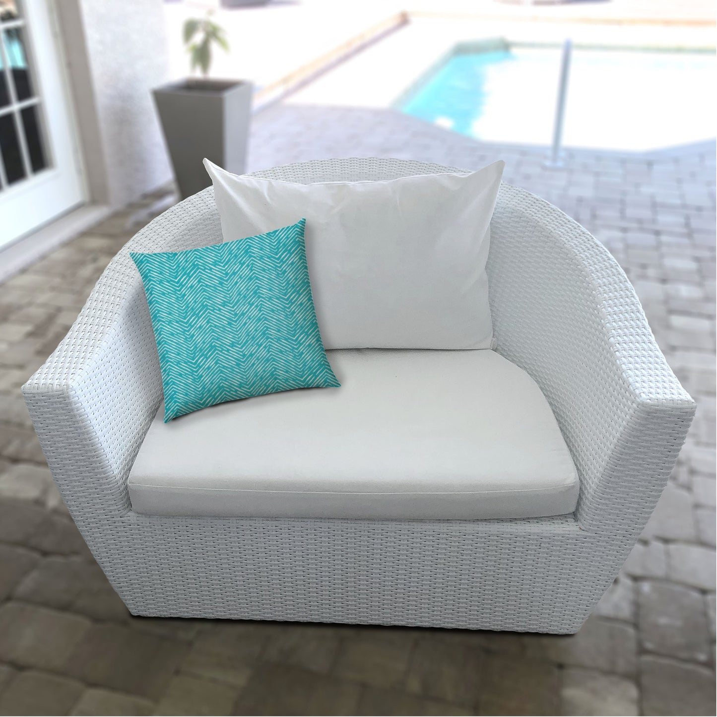 17" X 17" Turquoise And White Blown Seam Zigzag Lumbar Indoor Outdoor Pillow