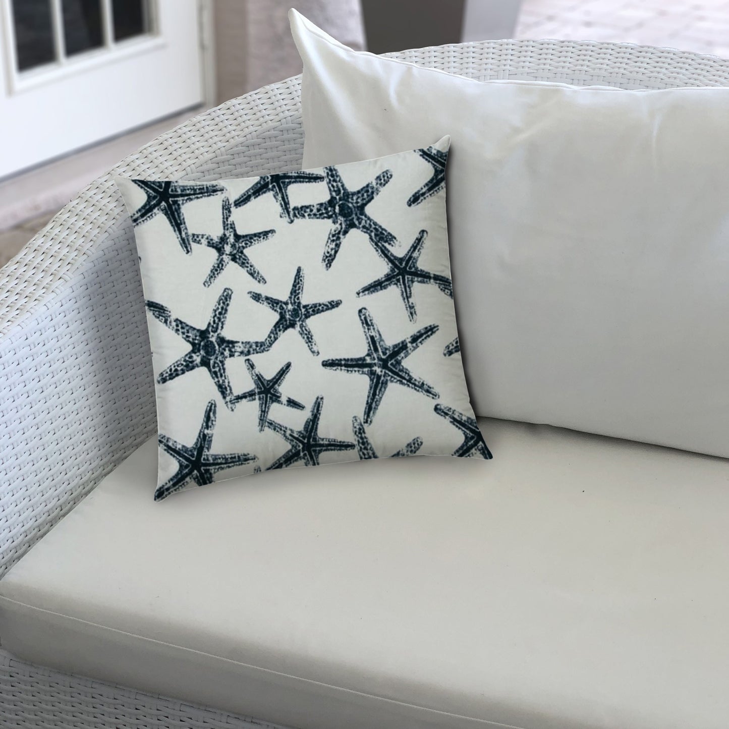 17" X 17" Navy Blue And White Starfish Blown Seam Coastal Lumbar Indoor Outdoor Pillow