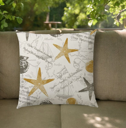 17" Beige and Gold Starfish Coastal Indoor Outdoor Throw Pillow