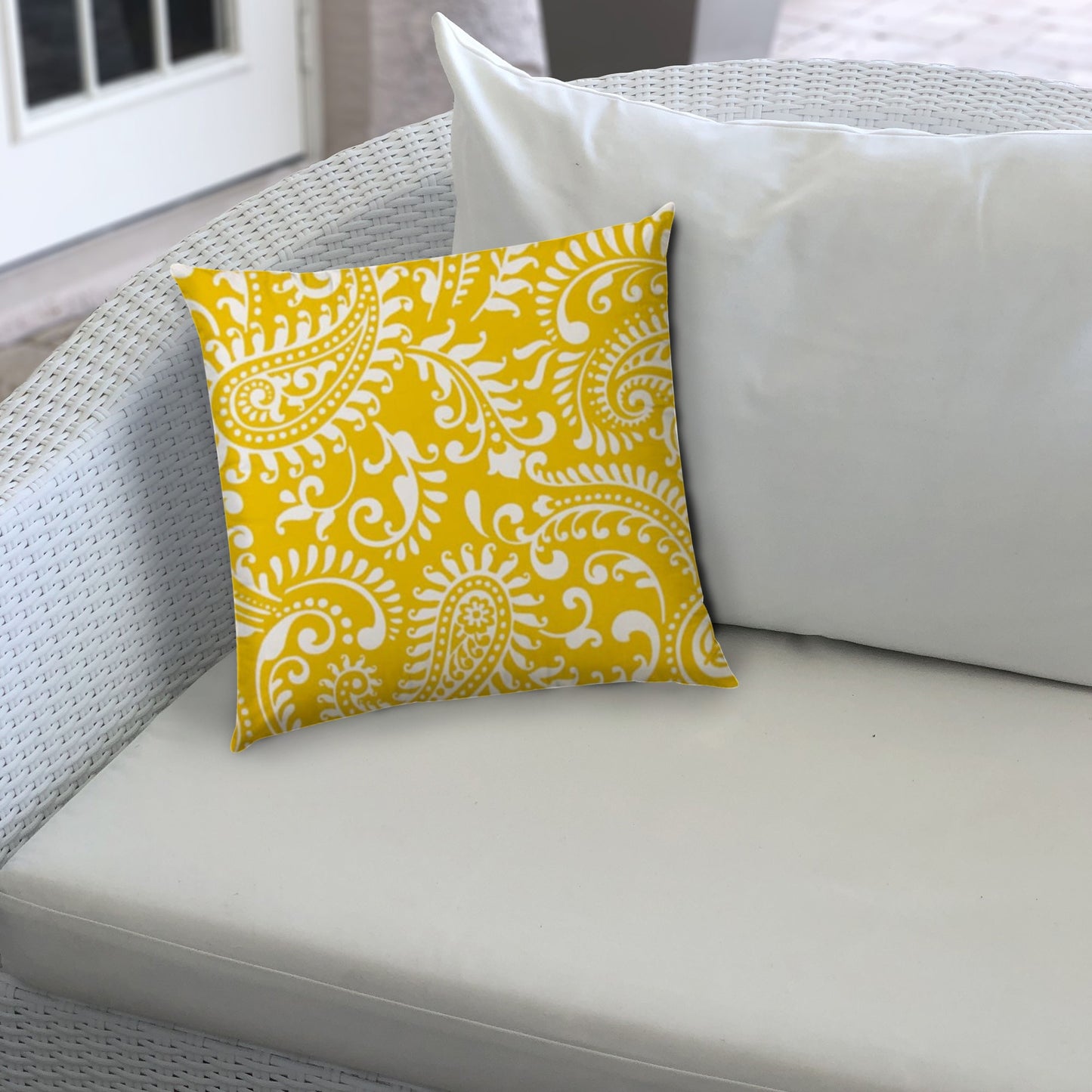 17" Yellow and White Paisley Indoor Outdoor Throw Pillow