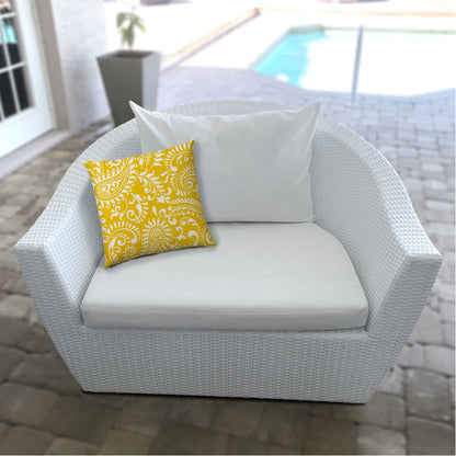 17" Yellow and White Paisley Indoor Outdoor Throw Pillow