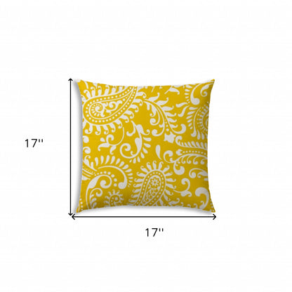 17" Yellow and White Paisley Indoor Outdoor Throw Pillow