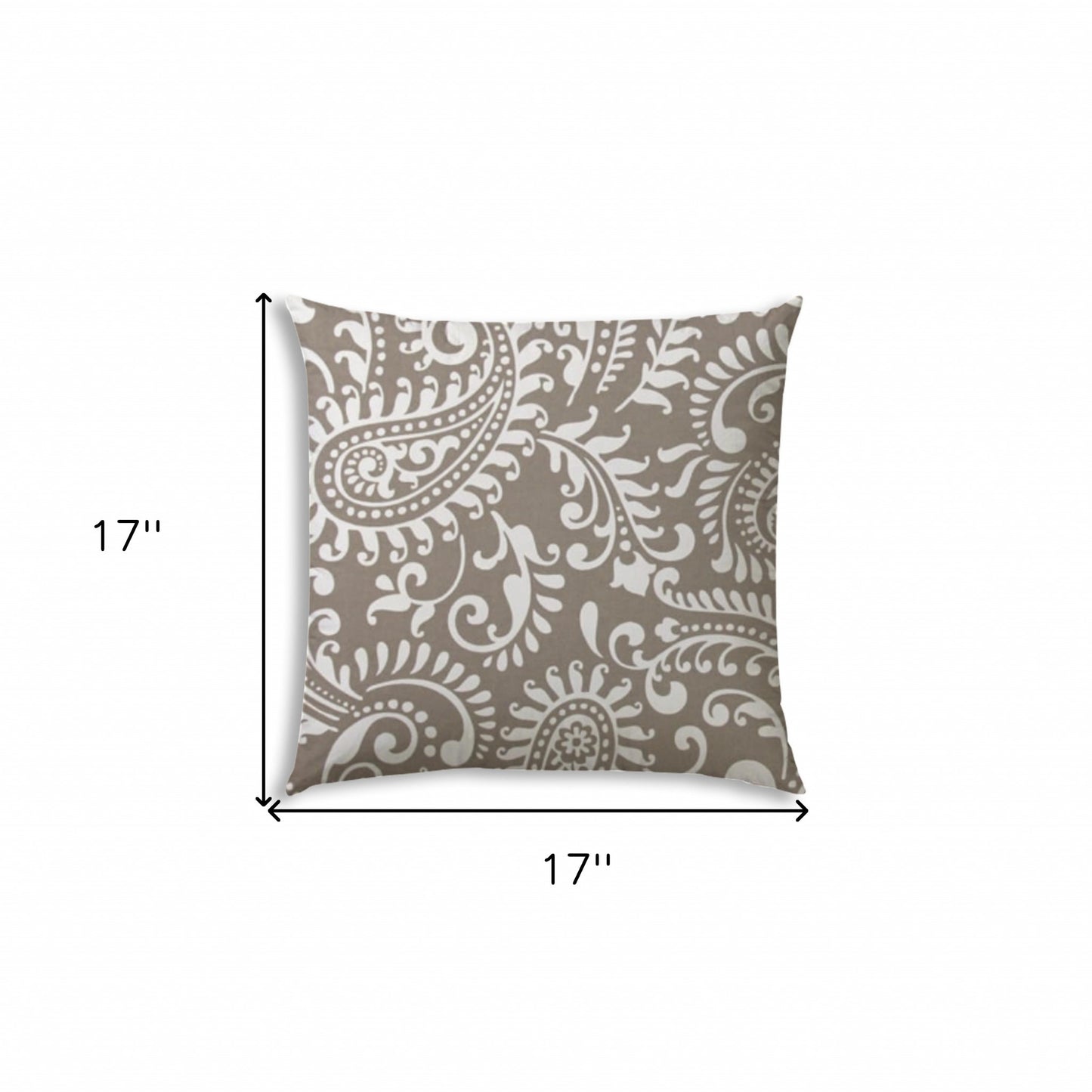 17" X 17" Taupe And White Blown Seam Paisley Lumbar Indoor Outdoor Pillow