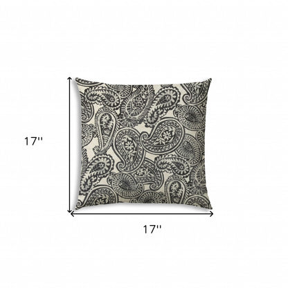 17" X 17" Gray And Cream Blown Seam Paisley Lumbar Indoor Outdoor Pillow