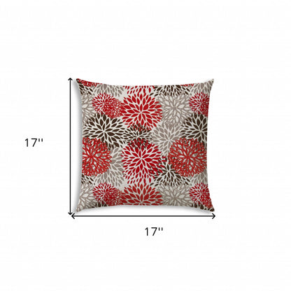 17" X 17" Red And White Blown Seam Floral Lumbar Indoor Outdoor Pillow