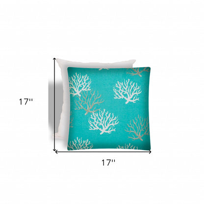 17" X 17" Aqua And White Corals Zippered Coastal Throw Indoor Outdoor Pillow