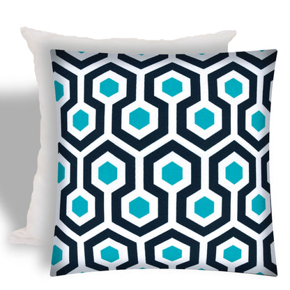 17" X 17" White And Aqua Zippered Geometric Throw Indoor Outdoor Pillow