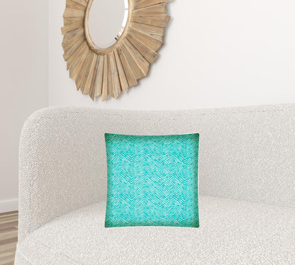 17" X 17" Turquoise And White Zippered Zigzag Throw Indoor Outdoor Pillow