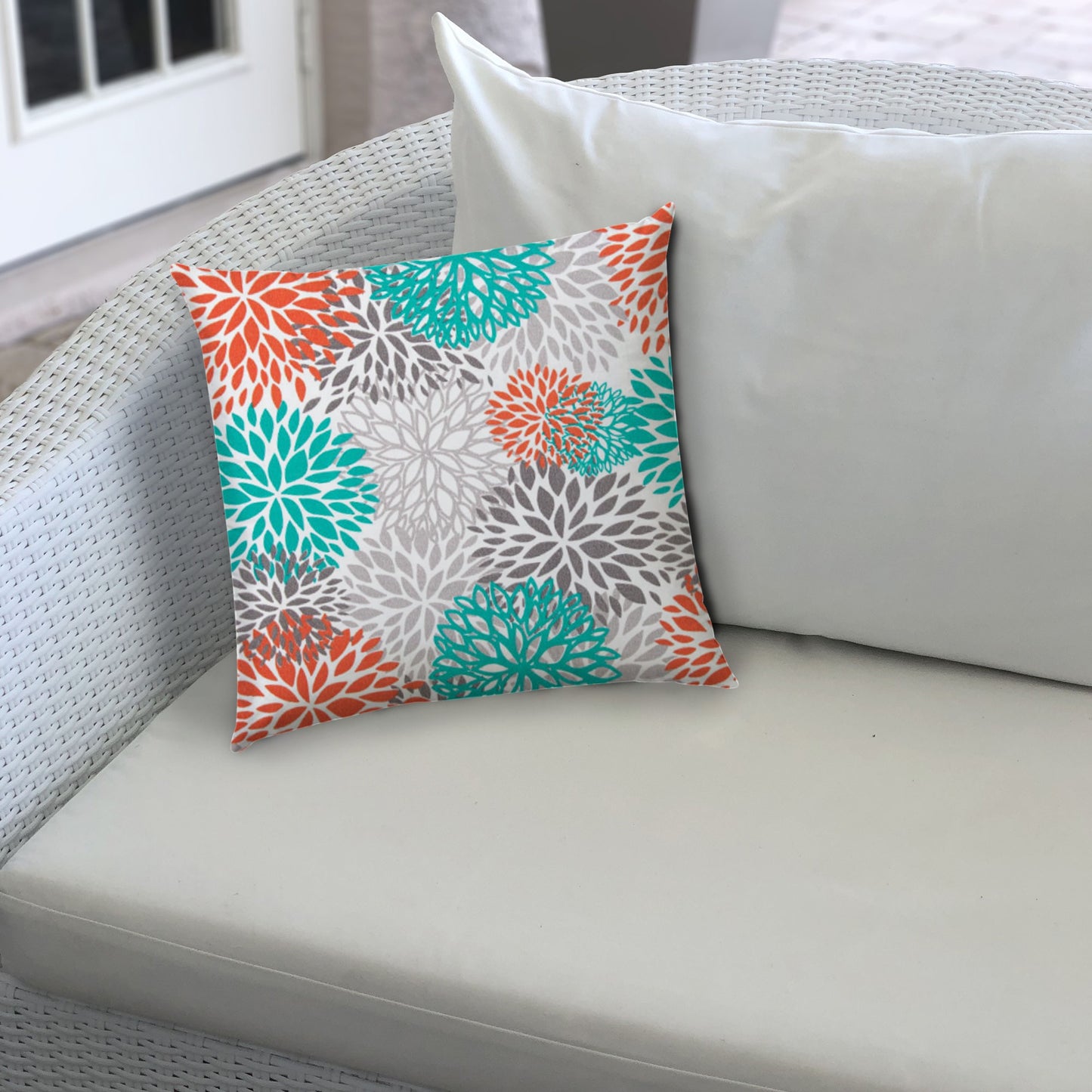 20" X 20" Orange And White Blown Seam Floral Throw Indoor Outdoor Pillow