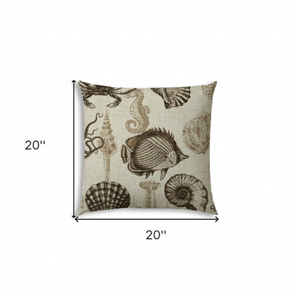 20" X 20" Brown And Natural Brown Fish Blown Seam Coastal Throw Indoor Outdoor Pillow