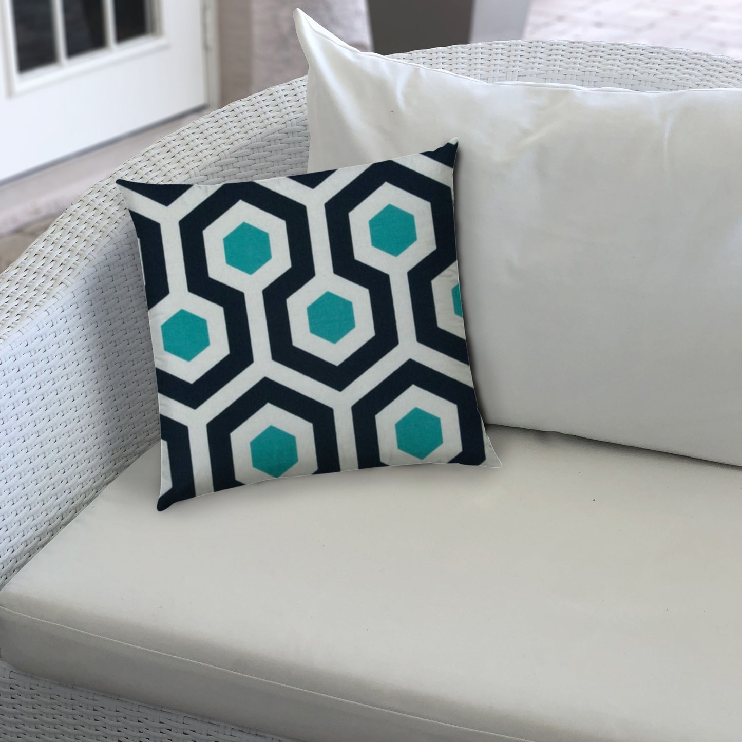 20" X 20" White And Aqua Blown Seam Trellis Throw Indoor Outdoor Pillow