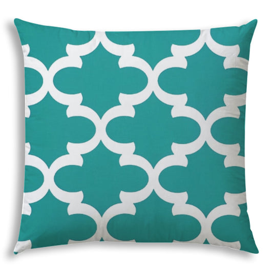 20" X 20" Turquoise And White Blown Seam Quatrefoil Throw Indoor Outdoor Pillow