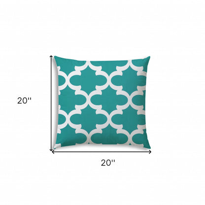 20" X 20" Turquoise And White Blown Seam Quatrefoil Throw Indoor Outdoor Pillow