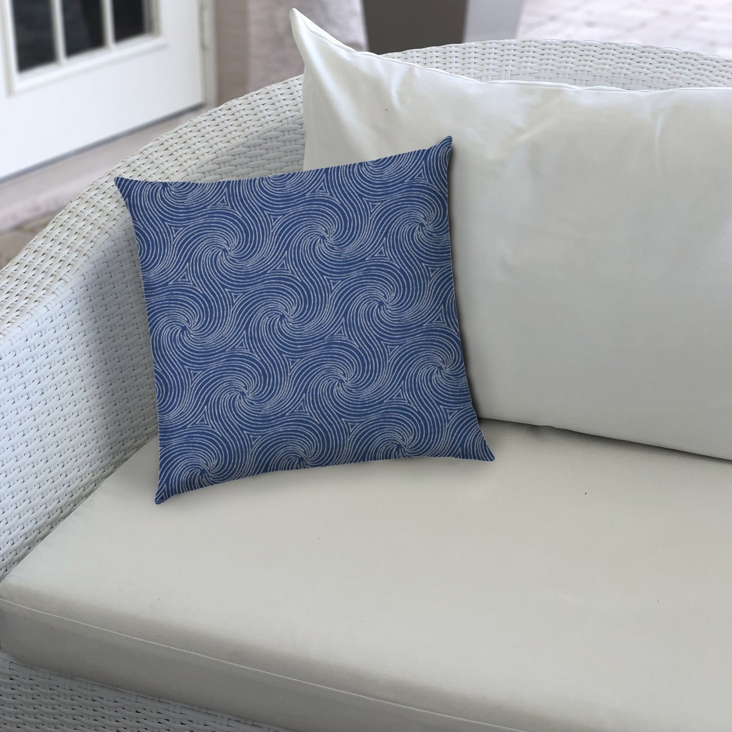 20" X 20" Blue And White Blown Seam Swirl Throw Indoor Outdoor Pillow